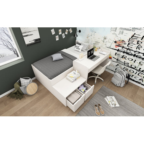 White HOMCOM kids single bed with desk, drawers, slatted frame, and lying surface for teens and adults in 90x190 cm size.