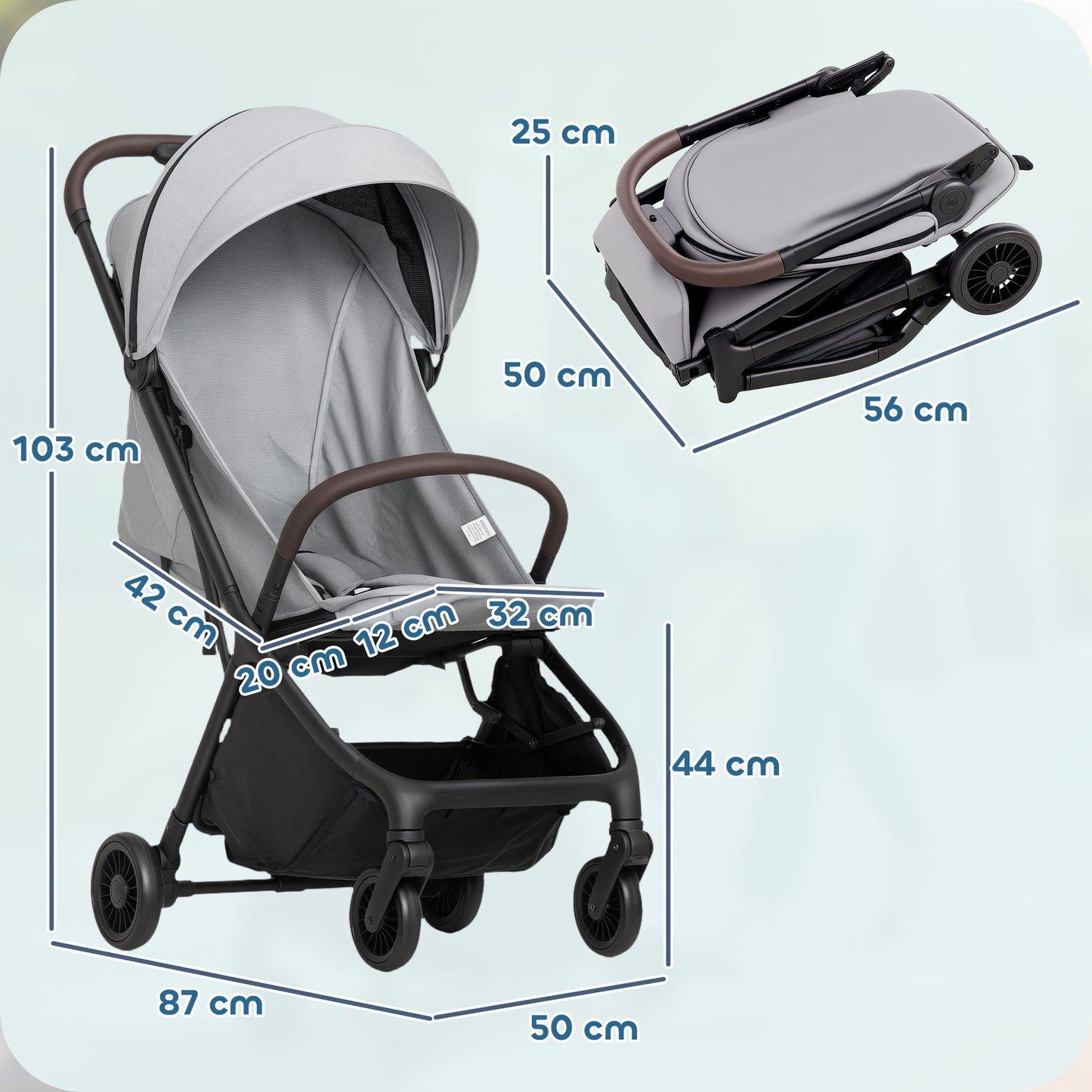 Light grey HOMCOM foldable baby stroller with adjustable seat, canopy, 5-point harness, basket, and lightweight, compact design.