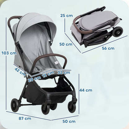 Light grey HOMCOM foldable baby stroller with adjustable seat, canopy, 5-point harness, basket, and lightweight, compact design.