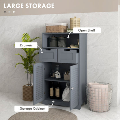 HOMCOM Kleankin three-part grey bathroom storage unit with shelf, drawers, and cupboard for organized bathroom space.