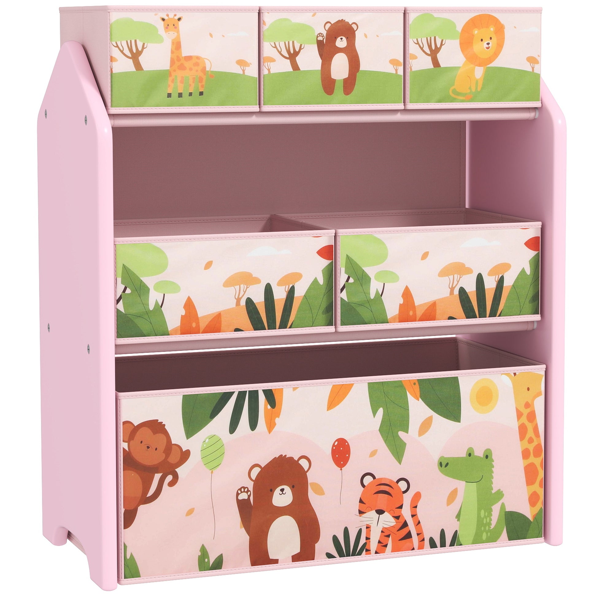 Pink HOMCOM 3-tier kids toy storage unit with six removable boxes, ideal for playroom, bedroom, or nursery organization.