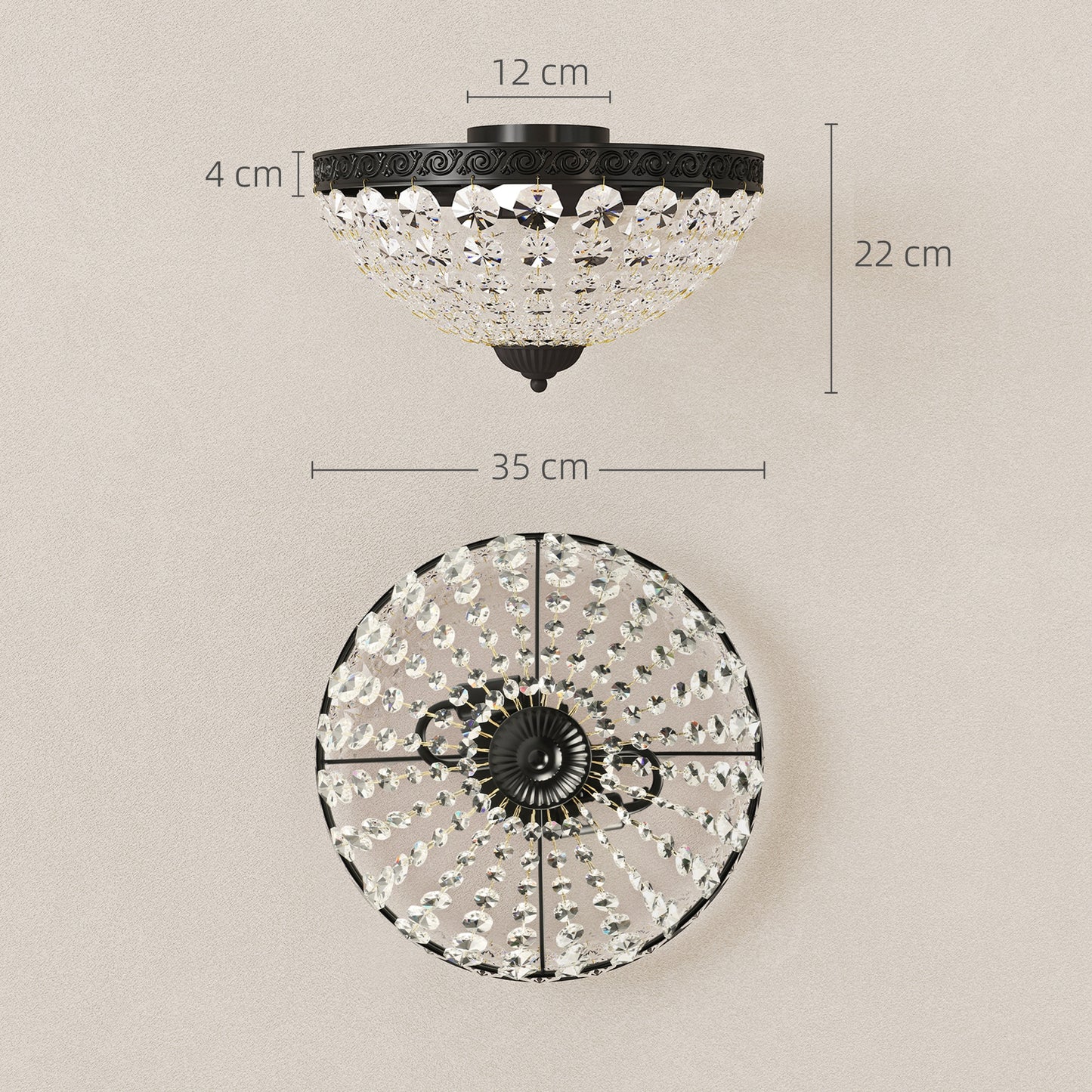 HOMCOM crystal chandelier ceiling light with 168 octagonal beads, vintage black 2-light flush mount for living room or bedroom.