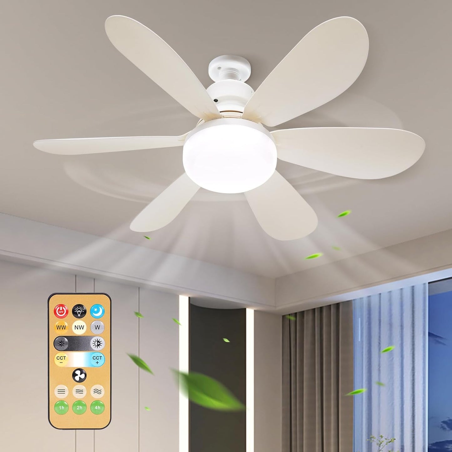 HOMCOM modern LED ceiling fan with light, dimmable E27 bulb, 30W, suitable for bedroom or living room, featuring five blades.