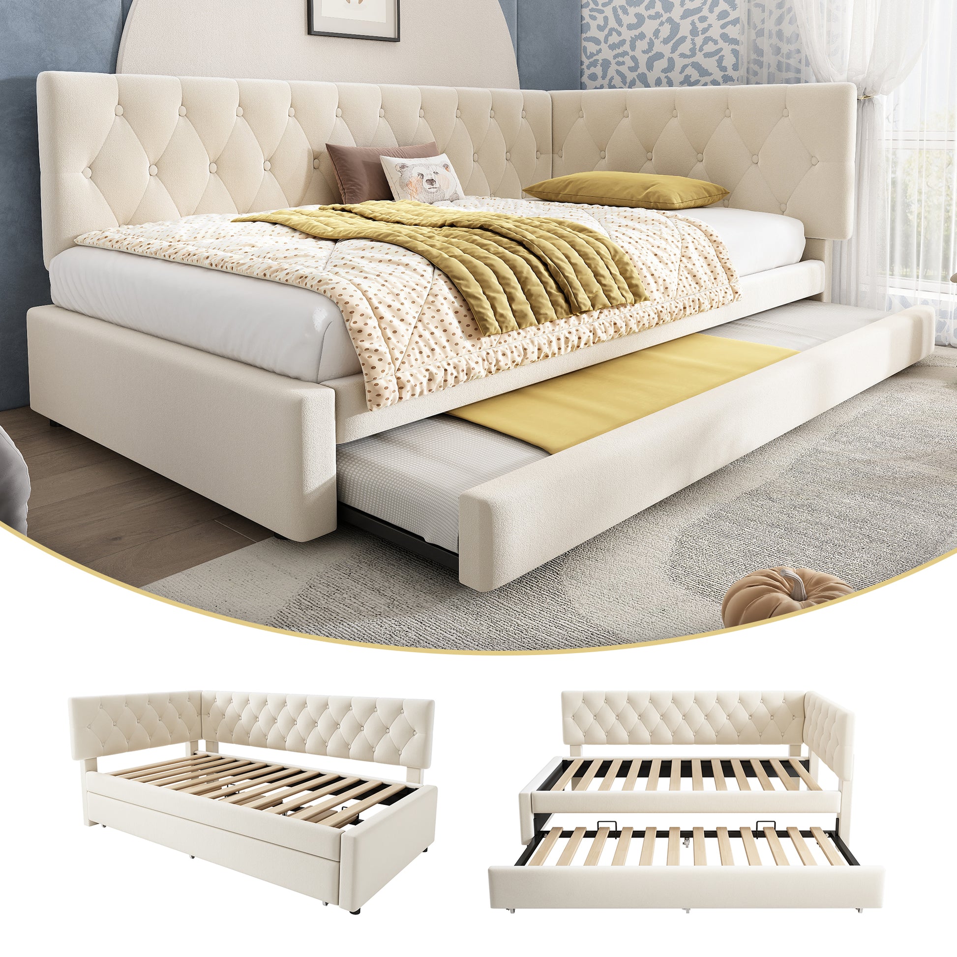 Beige upholstered HOMCOM daybed with pull-out trundle, velvet fabric, slatted frame, suitable for adults and kids, 90x190 cm.