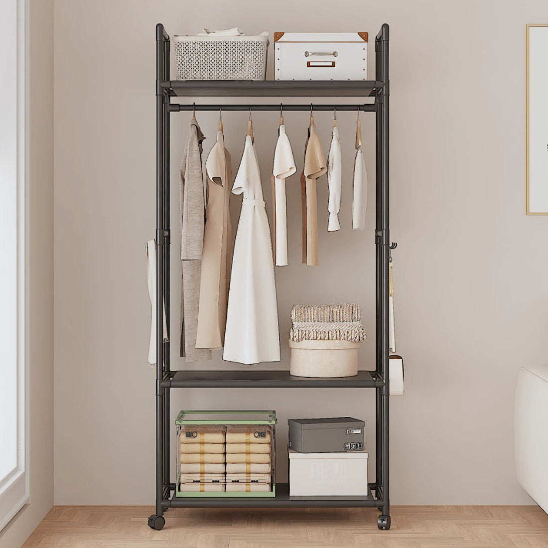 HOMCOM black multifunctional clothes rail and shoe rack with garment hanging stand and storage shelf, without wheels, for home organization