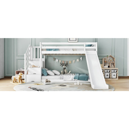 White bunk bed with stairs and slide, solid pine wood frame, children’s bed with storage stairs, 90x190cm from HOMCOM