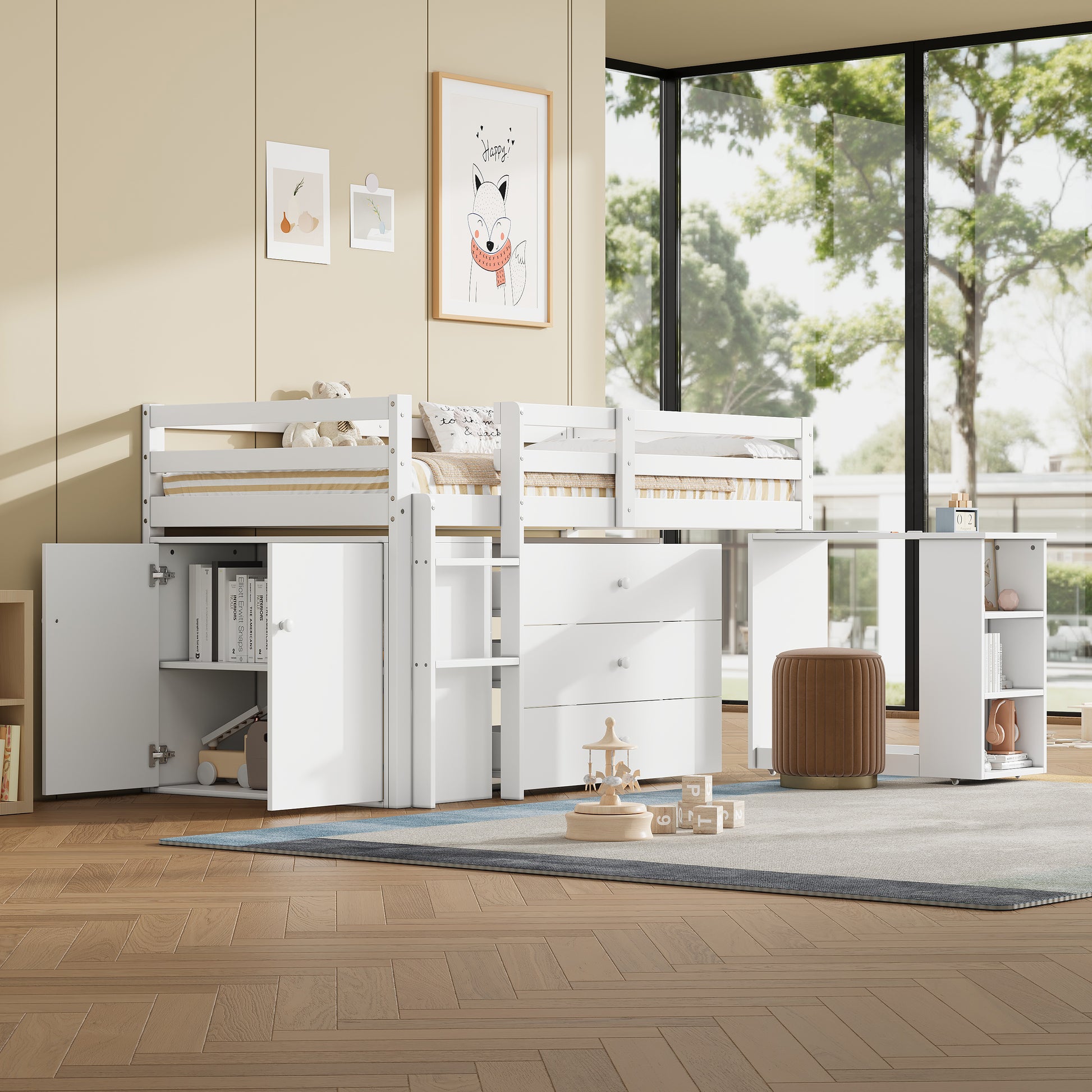HOMCOM 3ft white wooden children's loft bed with desk, drawers, storage cabinet, shelves, and flexible two-way installation.