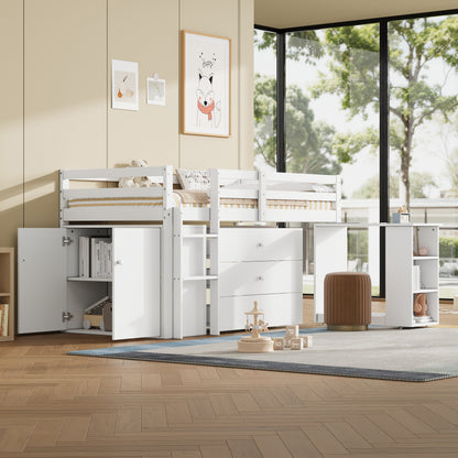 HOMCOM 3ft white wooden children's loft bed with desk, drawers, storage cabinet, shelves, and flexible two-way installation.