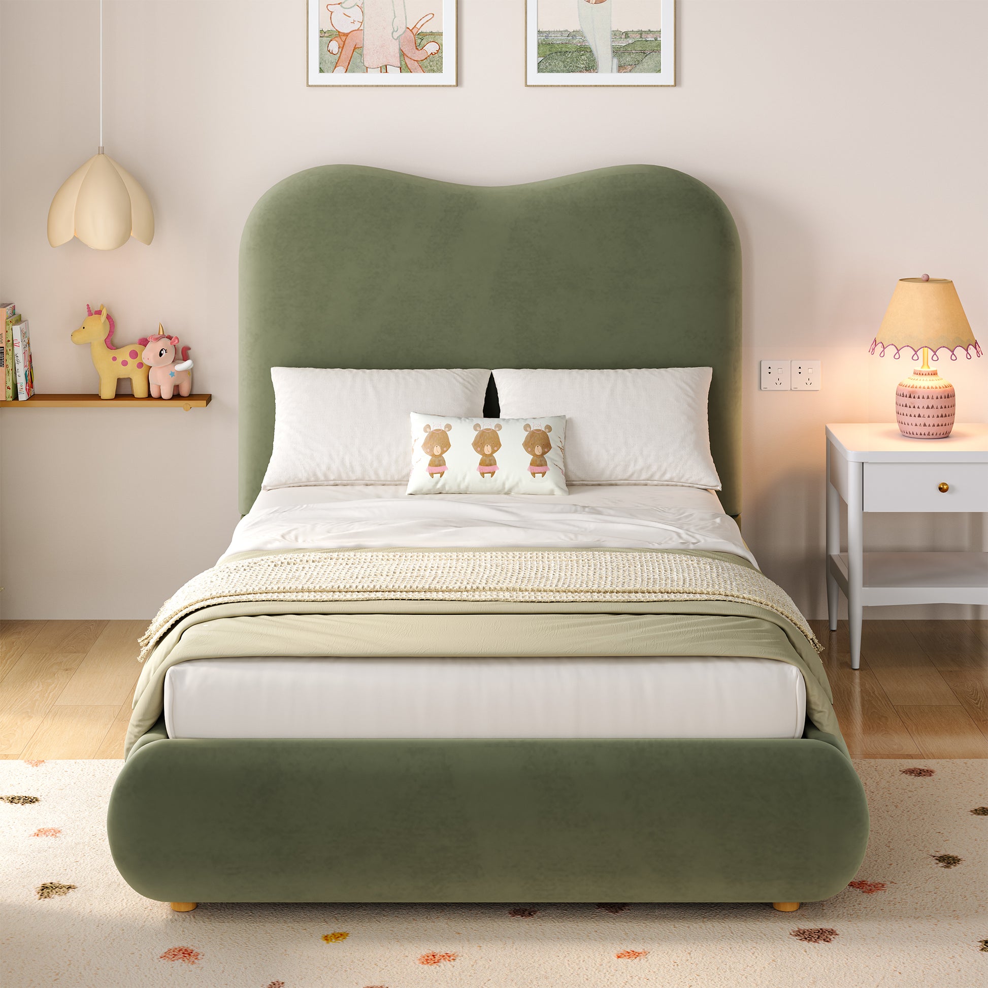 Green upholstered children's single bed with velvet headboard, hydraulic storage, and sturdy frame, 3ft size, by HOMCOM