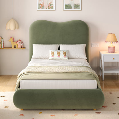 Green upholstered children's single bed with velvet headboard, hydraulic storage, and sturdy frame, 3ft size, by HOMCOM