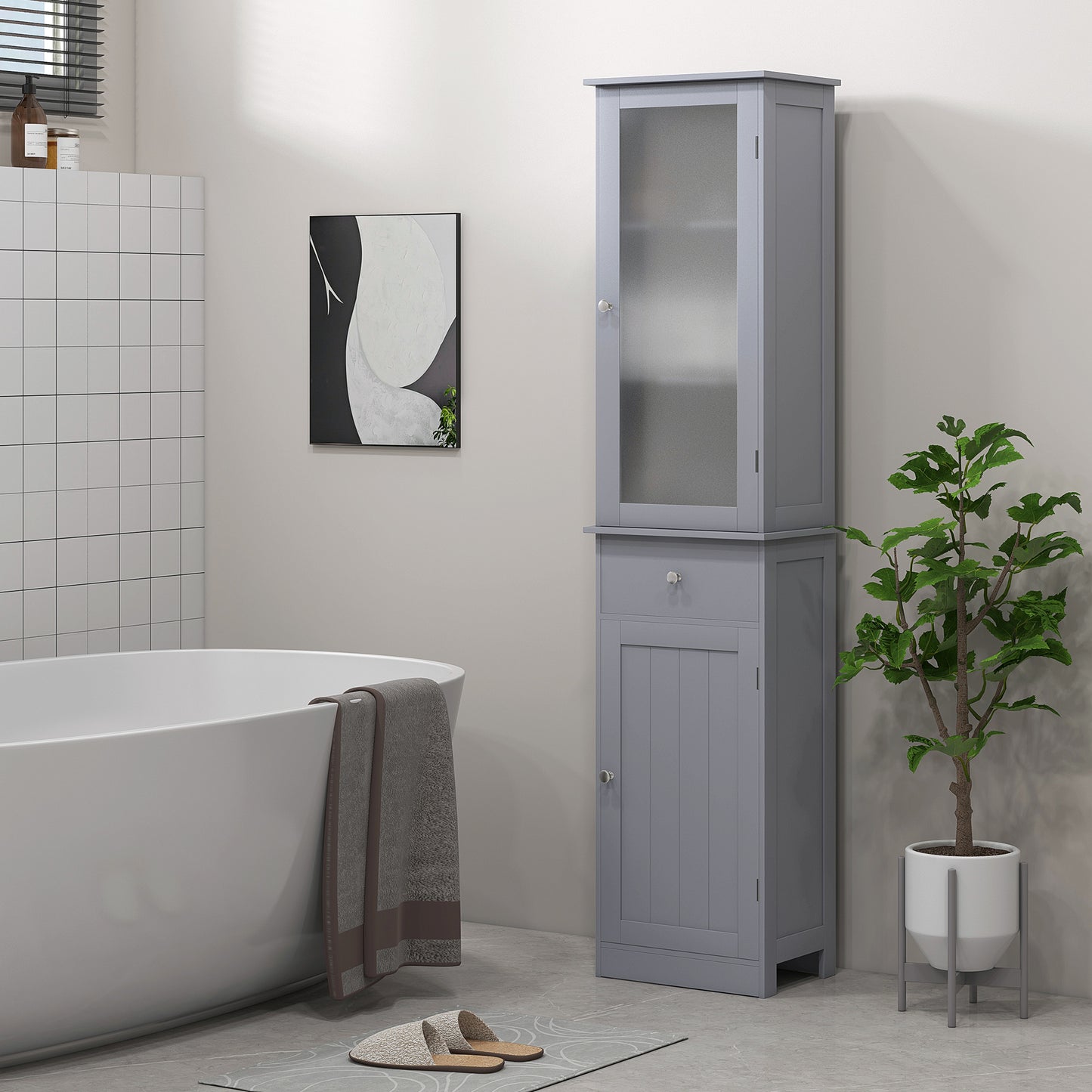 HOMCOM Kleankin grey bathroom storage cabinet with 3-tier shelves, drawer, door, and tall slim design for bathroom organization.