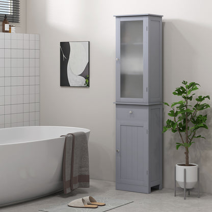 HOMCOM Kleankin grey bathroom storage cabinet with 3-tier shelves, drawer, door, and tall slim design for bathroom organization.