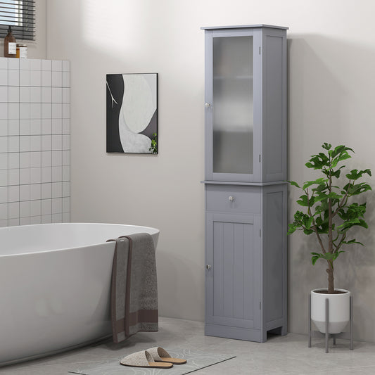 HOMCOM Kleankin grey bathroom storage cabinet with 3-tier shelves, drawer, door, and tall slim design for bathroom organization.