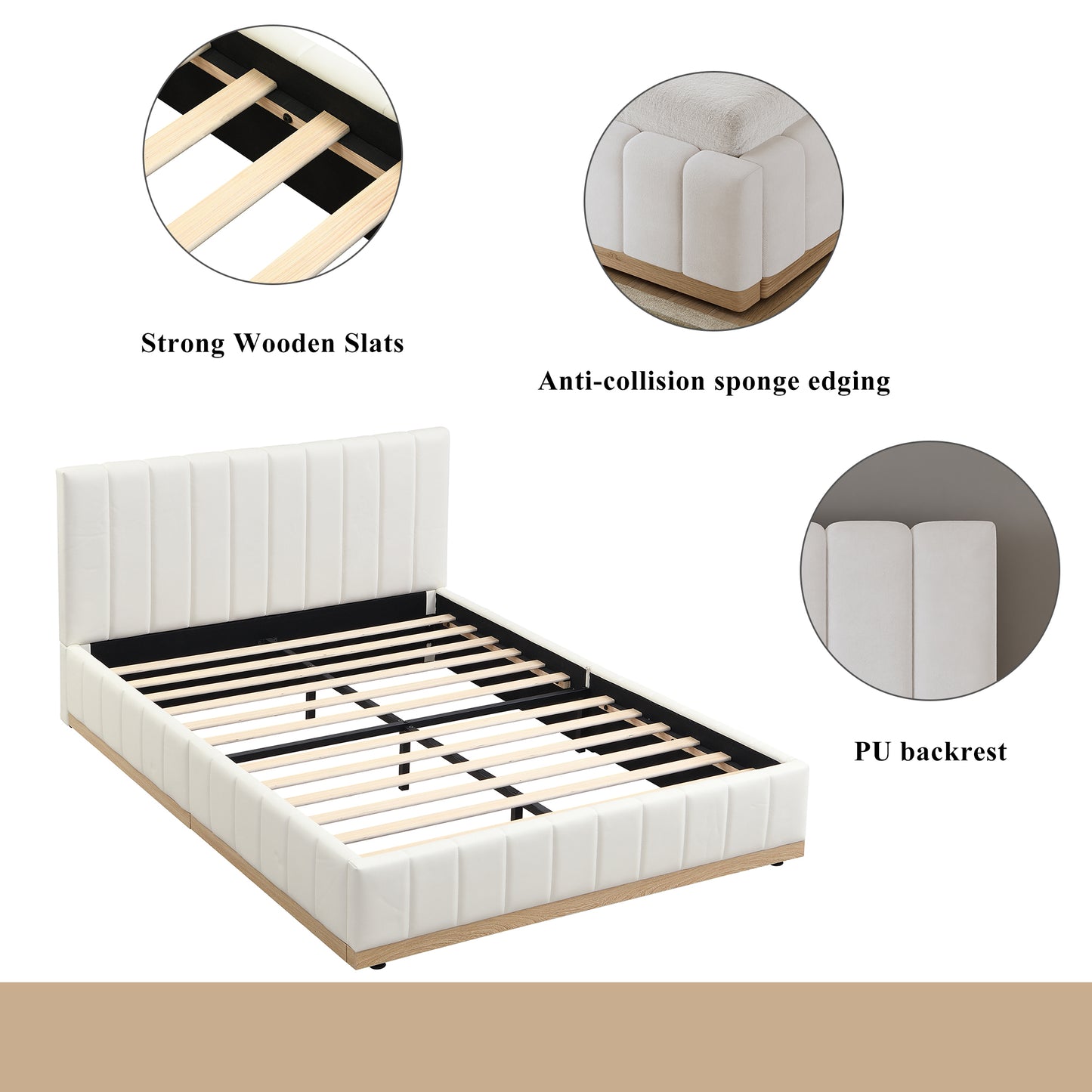 HOMCOM beige upholstered double bed with soft headboard, sturdy bed slats, 135x190cm size, made of PU, MDF, and plywood.