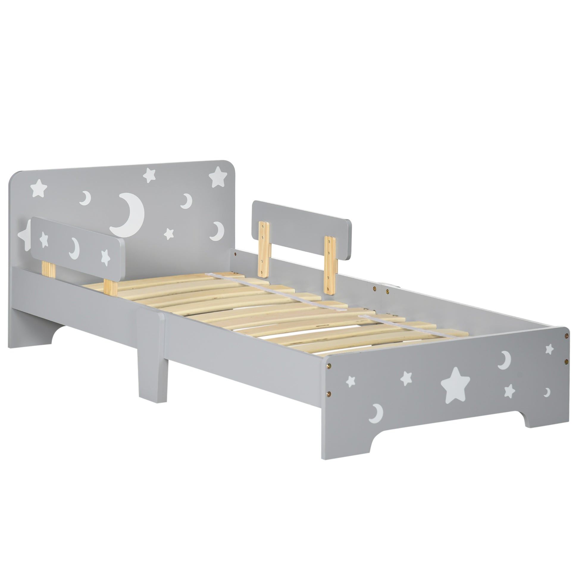 HOMCOM ZONEKIZ kids toddler bed in grey with star and moon patterns, side rails, suitable for ages 3-6 years, shown in bedroom setting.