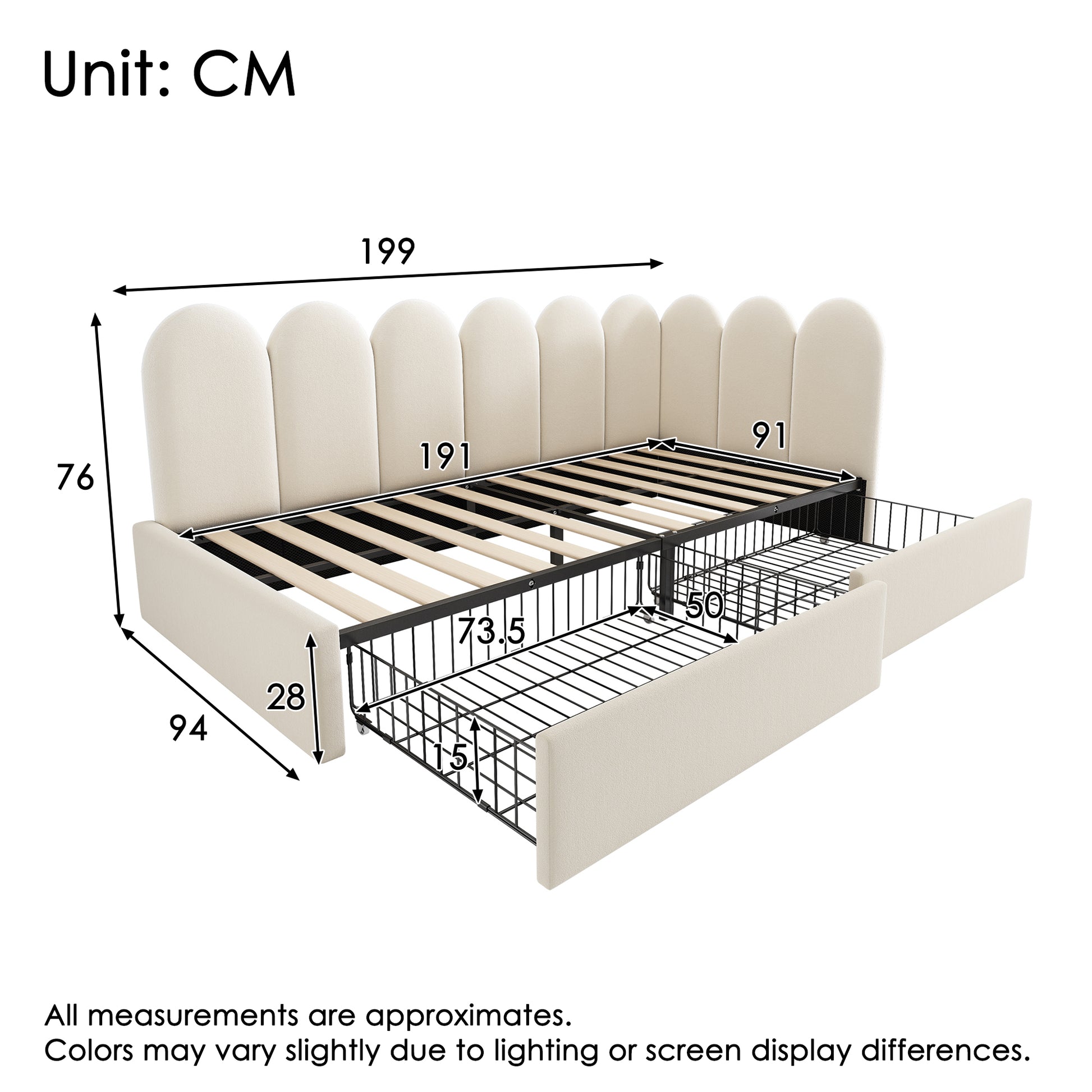 Beige upholstered kids and adult sofa bed with drawer storage, velvet finish, 3ft single size, slatted bed frame from HOMCOM.