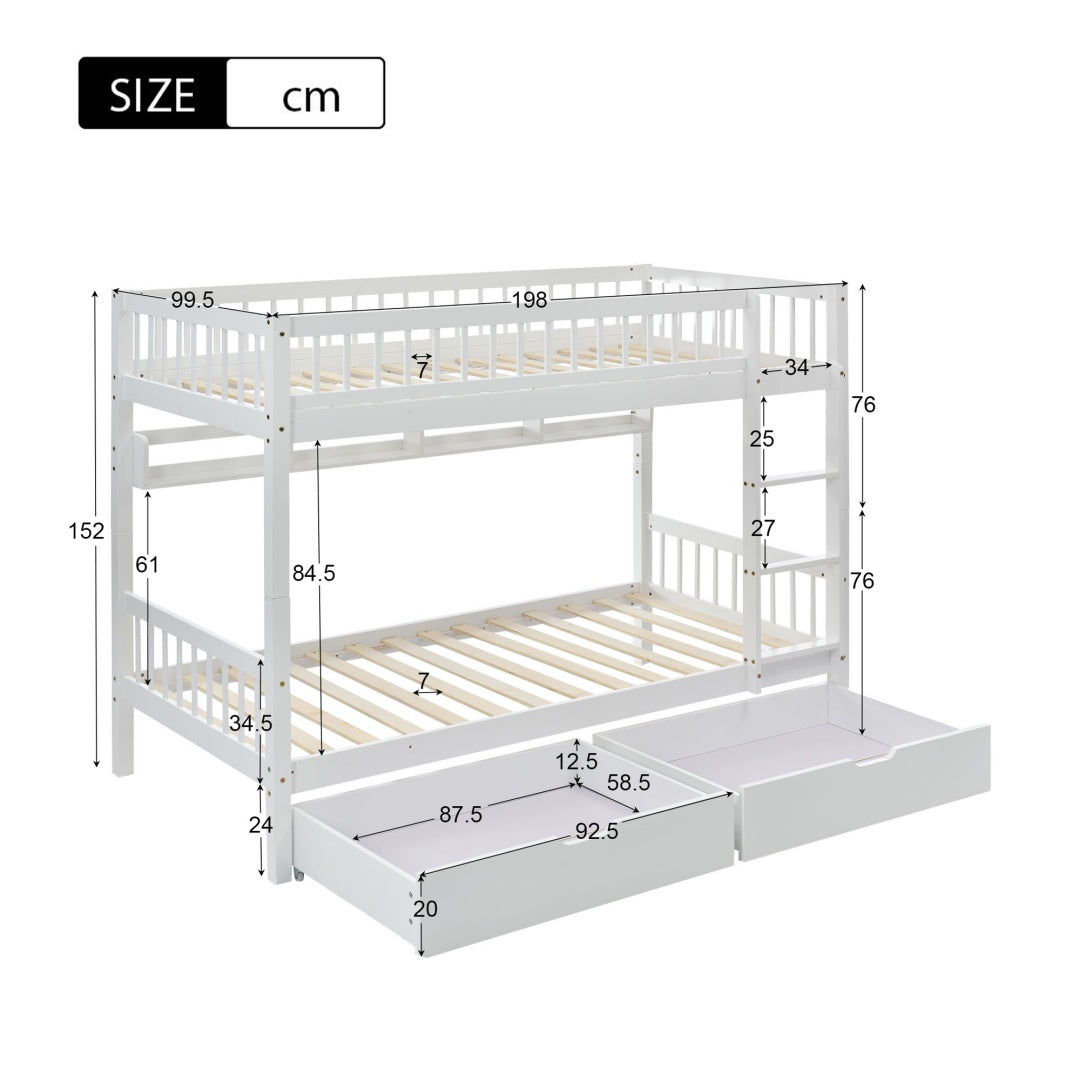 White HOMCOM bunk bed for kids with 3ft solid pine wood frame, under-bed slide drawer, and built-in shelf, 90x190cm.