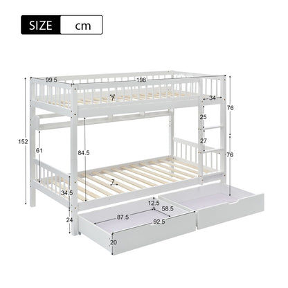 White HOMCOM bunk bed for kids with 3ft solid pine wood frame, under-bed slide drawer, and built-in shelf, 90x190cm.