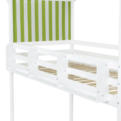 Kids Bunk Bed with Corner Staircase and Canopy – White & Green