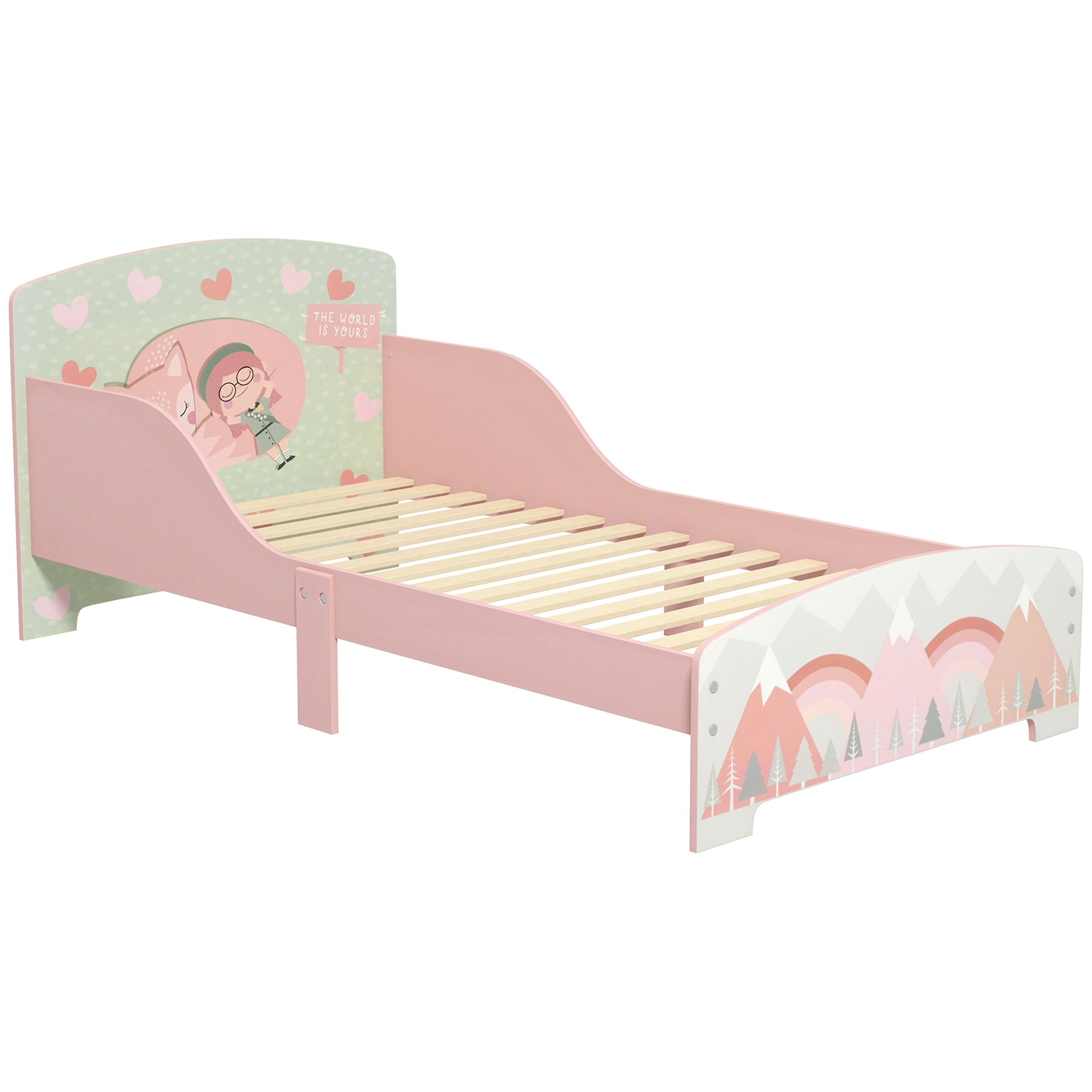 Pink HOMCOM ZONEKIZ toddler bed frame with a sturdy design, suited for kids aged 3 to 6 years in a children’s bedroom setting.