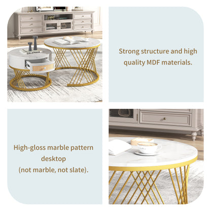 HOMCOM 2-in-1 round coffee table with rattan drawer and marble effect surface, modern living room furniture piece.