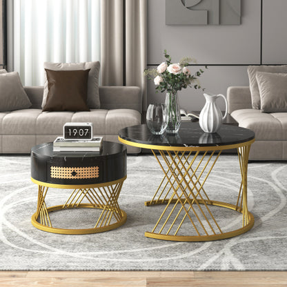 HOMCOM 2-in-1 round coffee table with marble effect surface and rattan drawer for stylish living room storage.