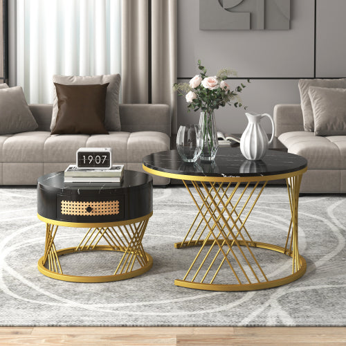 HOMCOM 2-in-1 round coffee table with marble effect top and rattan drawer, modern living room furniture piece.