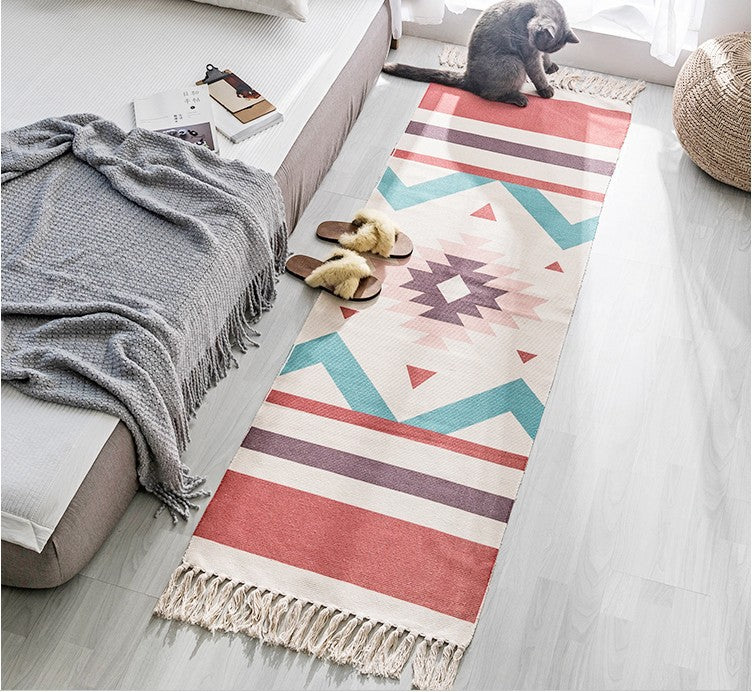Hand-woven cotton linen bohemian rug with geometric pattern, long rectangular floor accessory for living room decor by HOMCOM.