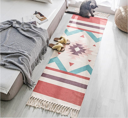 Hand-woven cotton linen bohemian rug with geometric pattern, long rectangular floor accessory for living room decor by HOMCOM.