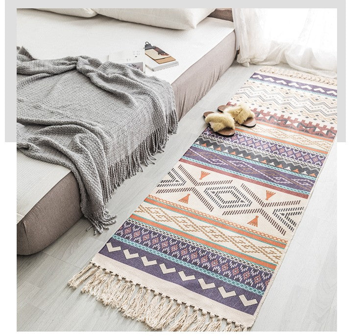 HOMCOM hand-woven cotton linen bohemian rug with geometric pattern, long floor accessory for living room home decor.