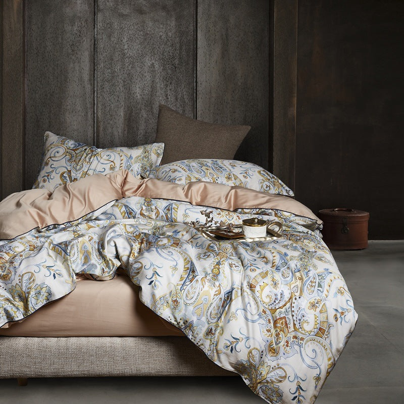 American style four-piece cotton bed by HOMCOM with a modern frame and plush mattress, shown in a cozy bedroom setting.