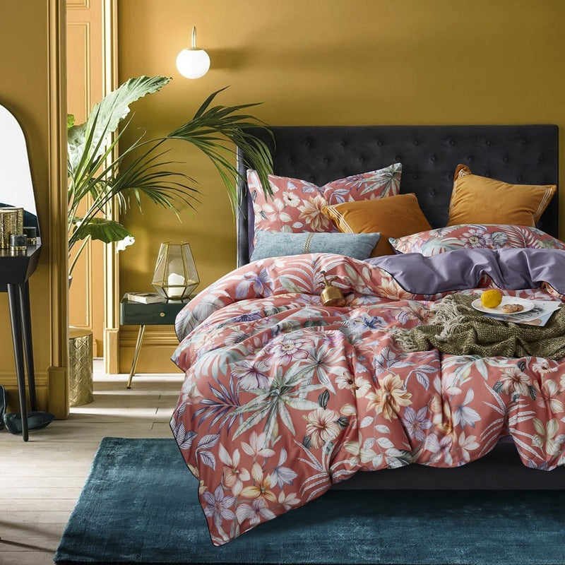 American style HOMCOM four-piece cotton bed set with mattress, pillows, and bedding arranged in a modern bedroom scene.