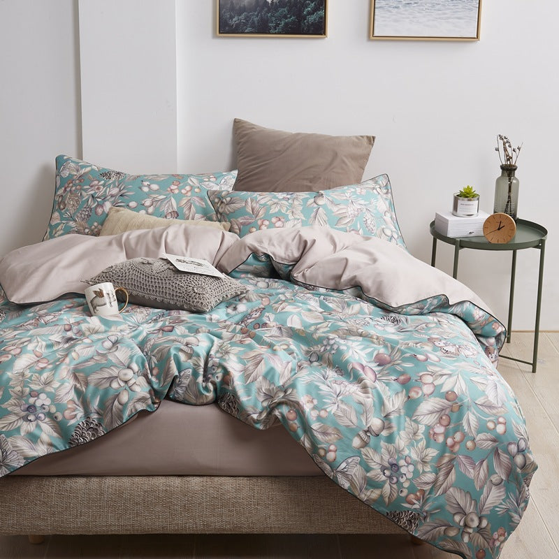 American style four-piece cotton bed set by HOMCOM, featuring a cozy bed frame with matching bedding in a modern design.
