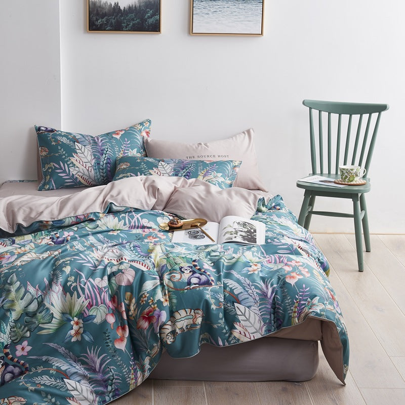 American style HOMCOM four-piece cotton bed set with mattress and bedding, shown in a modern bedroom setting