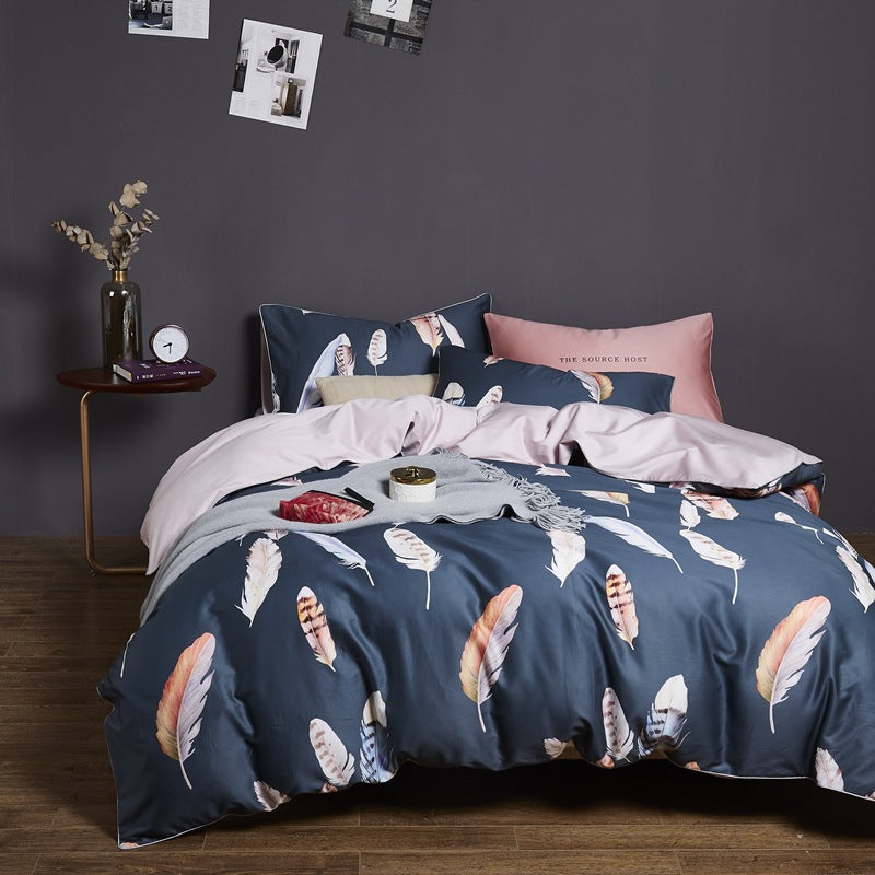 American style HOMCOM four-piece cotton bed set, including bed frame, headboard, and bedding components, in a modern bedroom setting.