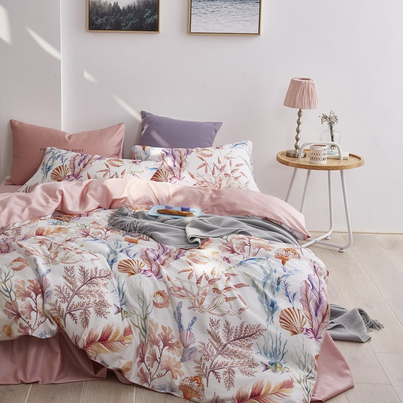 American style four-piece cotton bed by HOMCOM with a clean, modern design and white bedding set in a well-lit bedroom setting.