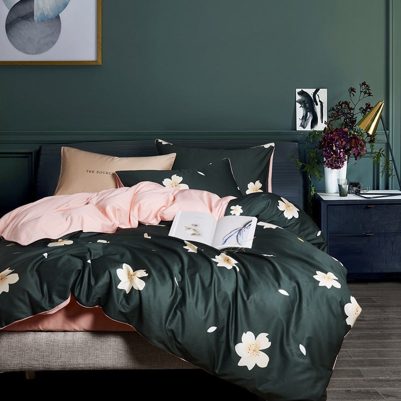 American style four-piece cotton bed by HOMCOM with a sturdy frame and plush bedding, showcased in a contemporary bedroom setting.