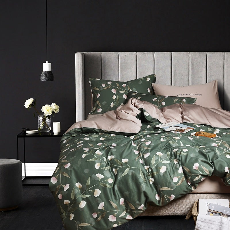 American style HOMCOM four-piece cotton bed set with a modern bed frame and matching bedding in a cozy bedroom setting