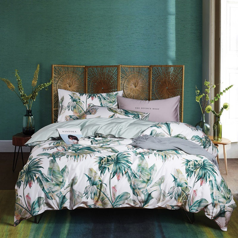 American style HOMCOM four-piece cotton bed set with a modern design, including a bed frame and matching bedding components.