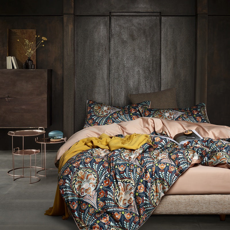 American-style four-piece cotton bed by HOMCOM, featuring a modern design with a sturdy frame and plush bedding in the image.