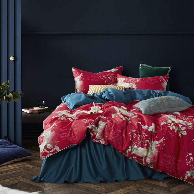 American style HOMCOM four-piece cotton bed set with a modern design and plush bedding for a comfortable bedroom look.