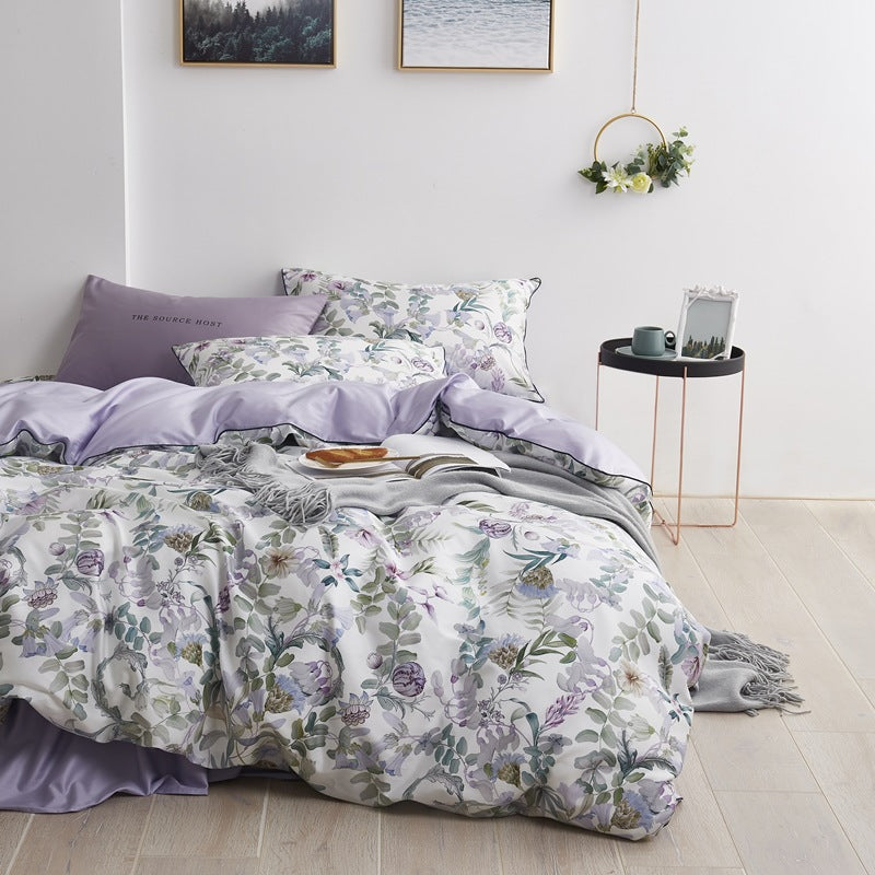 American style four-piece cotton bed by HOMCOM with a sturdy wooden frame and white bedding, suitable for a modern bedroom.