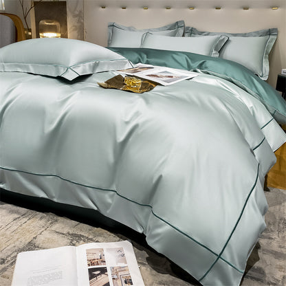 Beige HOMCOM long staple cotton bedding suit with flat sheet and pillowcases from the Dimeng Series on a bed.