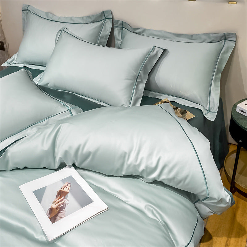 Beige camel long staple cotton bedding suit with flat sheet and pillowcases from HOMCOM's Dimeng Series on a bed.