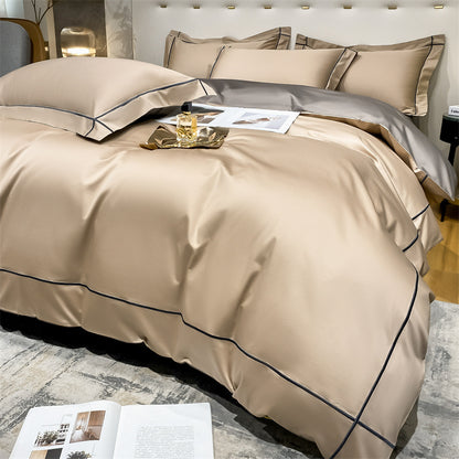 HOMCOM beige camel long staple cotton bedding set with flat sheet and 3-piece pressing line from the Dimeng Series.