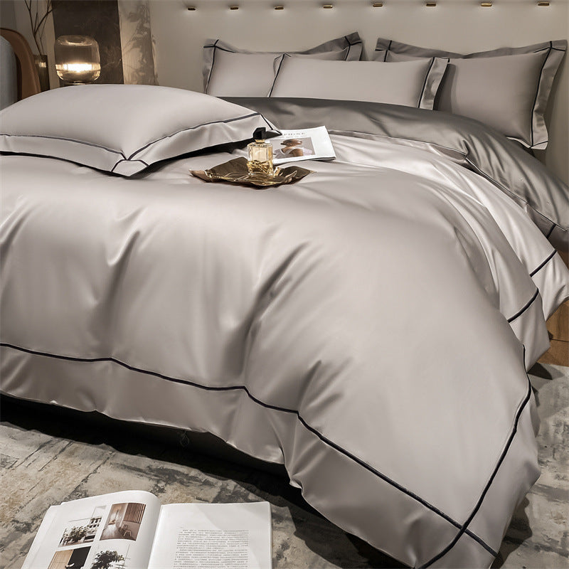 Beige cotton bedding set with flat sheet and pillowcases from HOMCOM's Long Staple Cotton Pressing Line New Dimeng series.