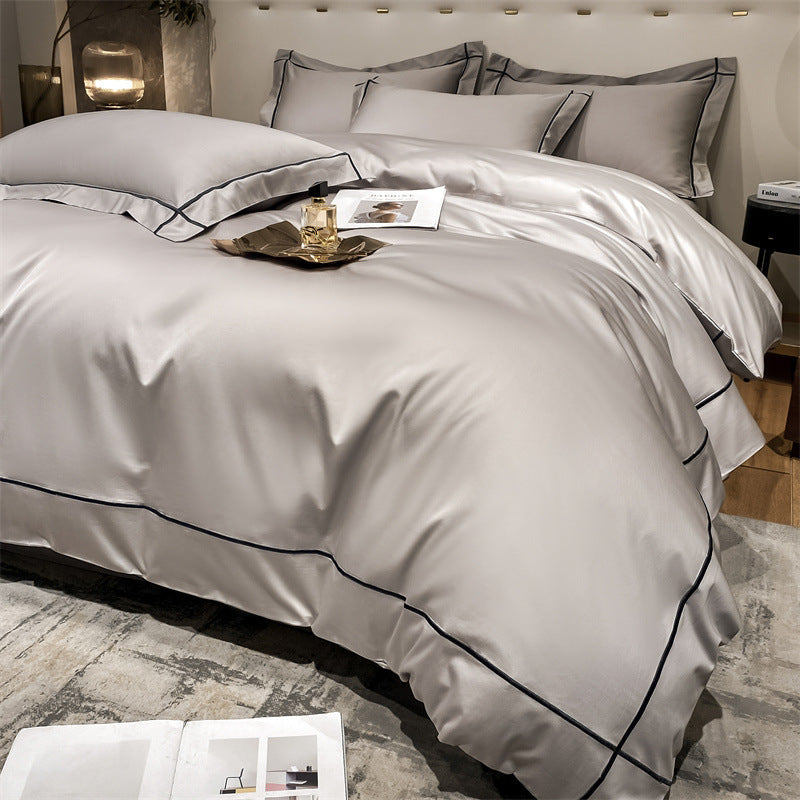 Beige HOMCOM Long Staple Cotton Bedding Suit with flat sheet and pillowcases from the Dimeng Series, featuring a pressing line design.