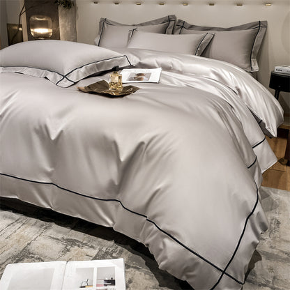 Beige HOMCOM Long Staple Cotton Bedding Suit with flat sheet and pillowcases from the Dimeng Series, featuring a pressing line design.
