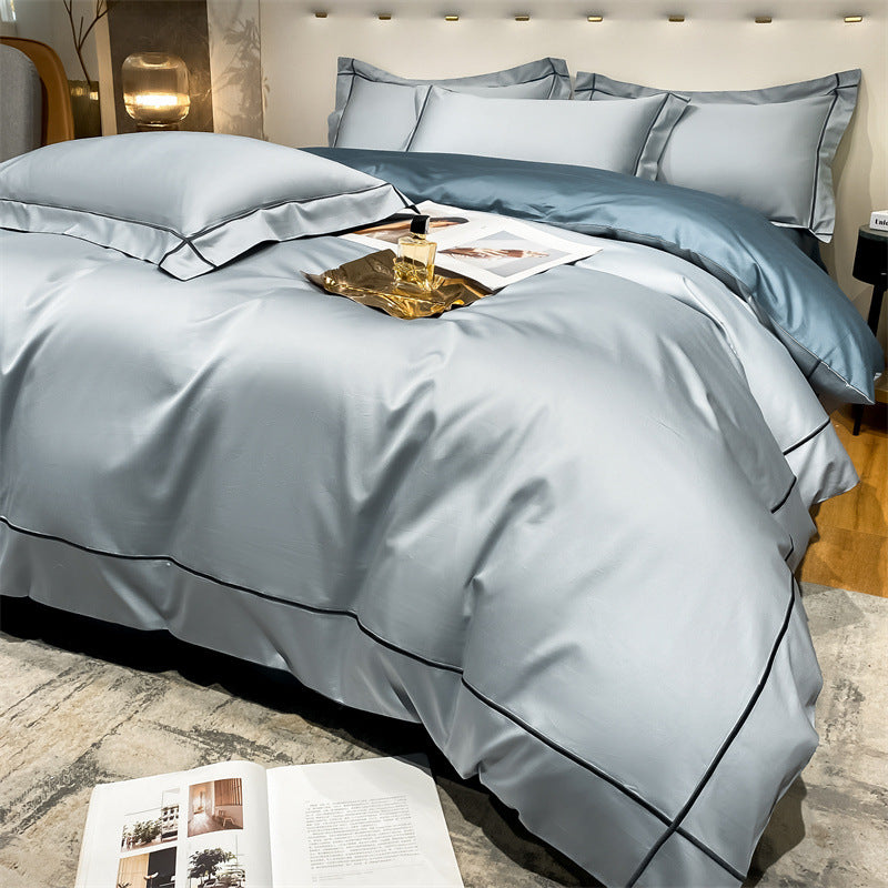 Beige HOMCOM long staple cotton bedding suit with flat sheet and pillowcases from the Dimeng series, neatly arranged.