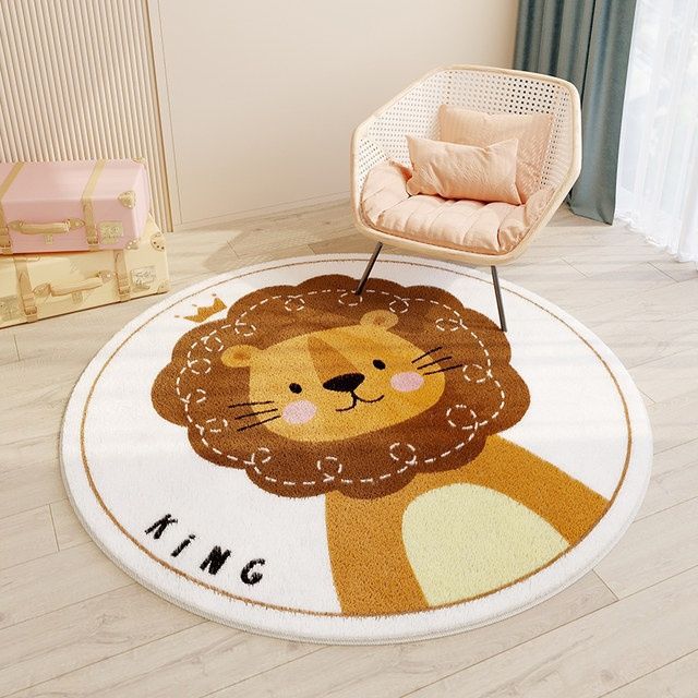Children's room round cashmere rug by HOMCOM featuring a soft, plush surface with a caring rabbit design in neutral tones.